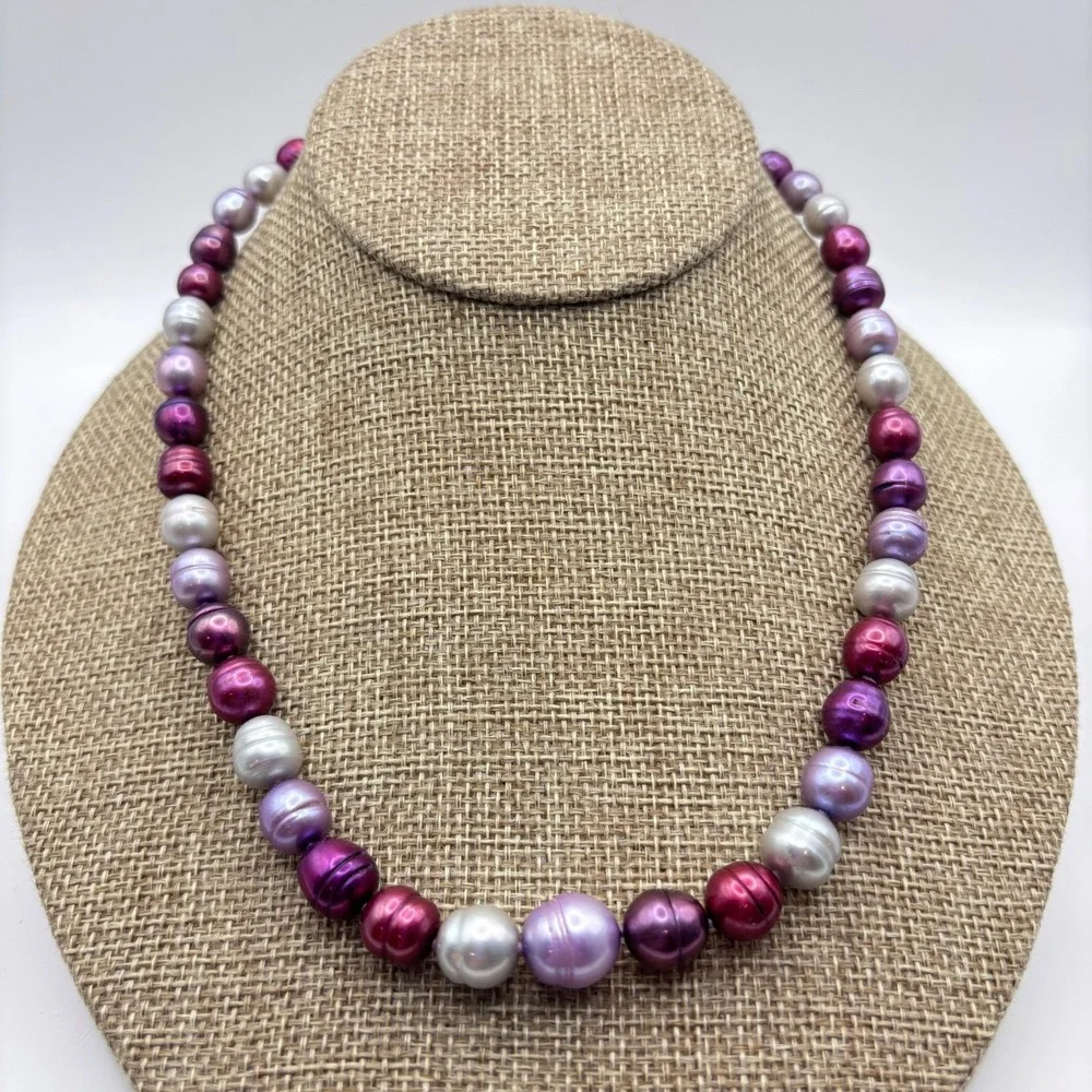 VTG Honora Ringed Pearl Necklace Sterling Clasp Multicolor Purple Berry Gray 18